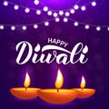 Happy Diwali calligraphy hand lettering with burning diya candles. Traditional Indian festival of lights typography poster. Vector Royalty Free Stock Photo