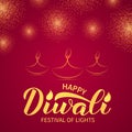 Happy Diwali calligraphy lettering with burning diya candle and gold fireworks. Traditional Indian festival of lights banner. Royalty Free Stock Photo