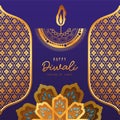 Happy diwali candle gold flowers and frames on blue background vector design
