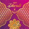 Happy diwali candle gold flowers and frames on pink and purple gradient background vector design