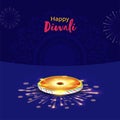 Happy Diwali Celebration Concept With Realistic Fireworks Chakri On Blue Mandala Pattern