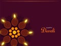 Happy Diwali Celebration Concept With Top View Of Burning Realistic Oil Lamps Diya And Marigold Flowers Over Rangoli On Dark