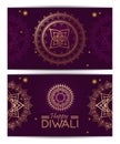 Happy diwali celebration with golden mandalas and lettering