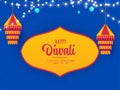 Happy Diwali Celebration Greeting Card With Traditional Lanterns Kandeel, Lighting Garland On Yellow And Blue