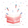 Happy Diwali. Colorful firecrackers coming out of gift box on white background during Diwali festival celebration Royalty Free Stock Photo