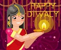 Happy diwali cute indian girl woman in native traditional clothes fire celebration flat design vector illustration