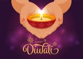 Happy Diwali festival banner with hand hold clay lamps vector design