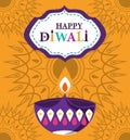 Happy diwali festival, diya lamp candle flame mandala yellow background