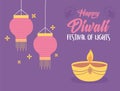 Happy diwali festival, diya lamp candle lamps and flowers decoration vector design