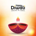 Happy Diwali festival greeting card design with diya oil lamp decorated with firecrackers on yellow background