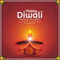 Happy Diwali festival of lights greeting card design with diya oil lamp with fireworks on red background. Vector illustration Royalty Free Stock Photo