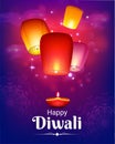 happy diwali festival wishing post template with illustration of floating sky lantern on blue background Royalty Free Stock Photo