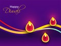 Happy Diwali greeting card design with top view of illuminated oil lamp. Royalty Free Stock Photo