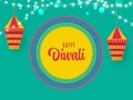 Happy Diwali Greeting Card with Hanging Lanterns (Kandeel) and Lighting Garland Decorated on Aqua Green