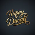 Happy Diwali greeting card for India festival of lights with gold colored hand drawn lettering greetings.