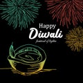Happy Diwali greeting design with burning diya and fireworks. Colorful festival of lights vintage background with hand drawn style
