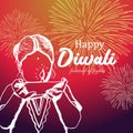 Happy Diwali greeting design with children hand drawn and burning diya illustration. Royalty Free Stock Photo