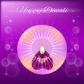 Happy Diwali greeting with shiny deeya deepak lamp on purple bokeh background