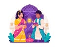 Happy Diwali Greetings. Indian Couple Holding Diya Lamps. Hindu Traditional Festival of Lights