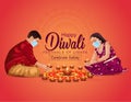 Happy Diwali greetings vector illustration. illustration of children`s making Rangoli and diya decoration. covid corona virus