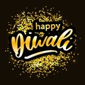 Happy Diwali. Handwritten brush black text, gold pinstripe. Beautiful lettering invitation, greeting, prints, posters. Typographic