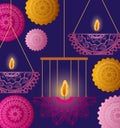 Happy diwali hanging candles with orange and pink mandalas vector design Royalty Free Stock Photo
