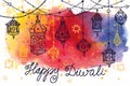 Happy Diwali hanging lamps and Watercolor splash Royalty Free Stock Photo