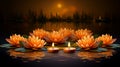 Happy Diwali, Hindu festival of lights celebration background. Glowing candles and flowers for Indian holiday Diwali