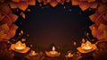 Happy Diwali, Hindu festival of lights celebration background. Glowing candles and flowers for Indian holiday Diwali