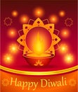 Happy diwali holiday poster. Indian traditional festival of lights. Realistic diya lamp with fire candle, gold randoli lotus