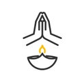 Happy diwali icon. Vector thin line illustration with lamp, flame and hands praying