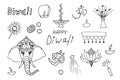 Happy Diwali. Indian festival doodling collection. Various items to celebrate. Hand drawn graphics