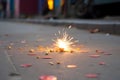 Happy Diwali - Lit diya lamp on street with firecrackers, neural network generated photorealistic image Royalty Free Stock Photo