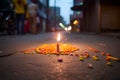 Happy Diwali - Lit diya lamp on street with firecrackers, neural network generated photorealistic image Royalty Free Stock Photo