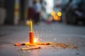 Happy Diwali - Lit diya lamp on street with firecrackers, neural network generated photorealistic image Royalty Free Stock Photo