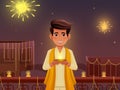 Happy Diwali Poster or Card Design with Cute Young Man Character Holding Diya (Oil Lamp) and Standing Royalty Free Stock Photo