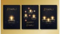 Happy diwali posters template set with golden glowing low poly oil lamp diya on black background.