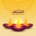 Happy diwali realistic diya design yellow background