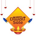 Happy Diwali Sale Design with Diya Oil Lamp and Firecracker Rocket Elements