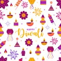 Happy diwali seamless pattern or doodle art icons on white background