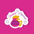 Happy Diwali Sticker Of Golden Coin Full Pot Kalash Over White And Pink