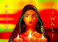 Happy Diwali. Traditional Indian Festival Background of Indian ethnic woman dancer with Burning Lamp, illustration