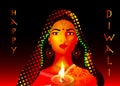 Happy Diwali. Traditional Indian Festival Background of Indian ethnic woman dancer with Burning Lamp, illustration