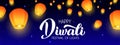 Happy Diwali - vector handwritten lettering. Modern calligraphy on night background with Flying Sky lanterns. Horizontal