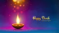 Happy diwali vector illustration. Festive diwali card. Design template with lamp, golden lights, colorful background. Blue magenta