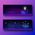 Happy diwali web banners with futuristic glowing oil lamp diya, lotus flower and text Royalty Free Stock Photo
