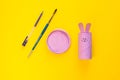 Happy DIY Easter decoration concept bunnies from toilet paper roll tube. Simple creative idea, easy crafts for kids. Eco