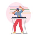 Happy Dj Male Character in Headphones Perform Disco Music Entertainment. Man with Tattoo on Hands Use Deck and Mixer Royalty Free Stock Photo