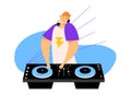 Happy Dj Male Character in Headphones and Shirt with Flash Print Put Hands on Equipment Deck and Mixer with Vinyl Record