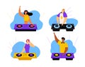 Happy Dj Male and Female Characters Set. Men and Women with Headphones Playing and Mixing Music at Night Club